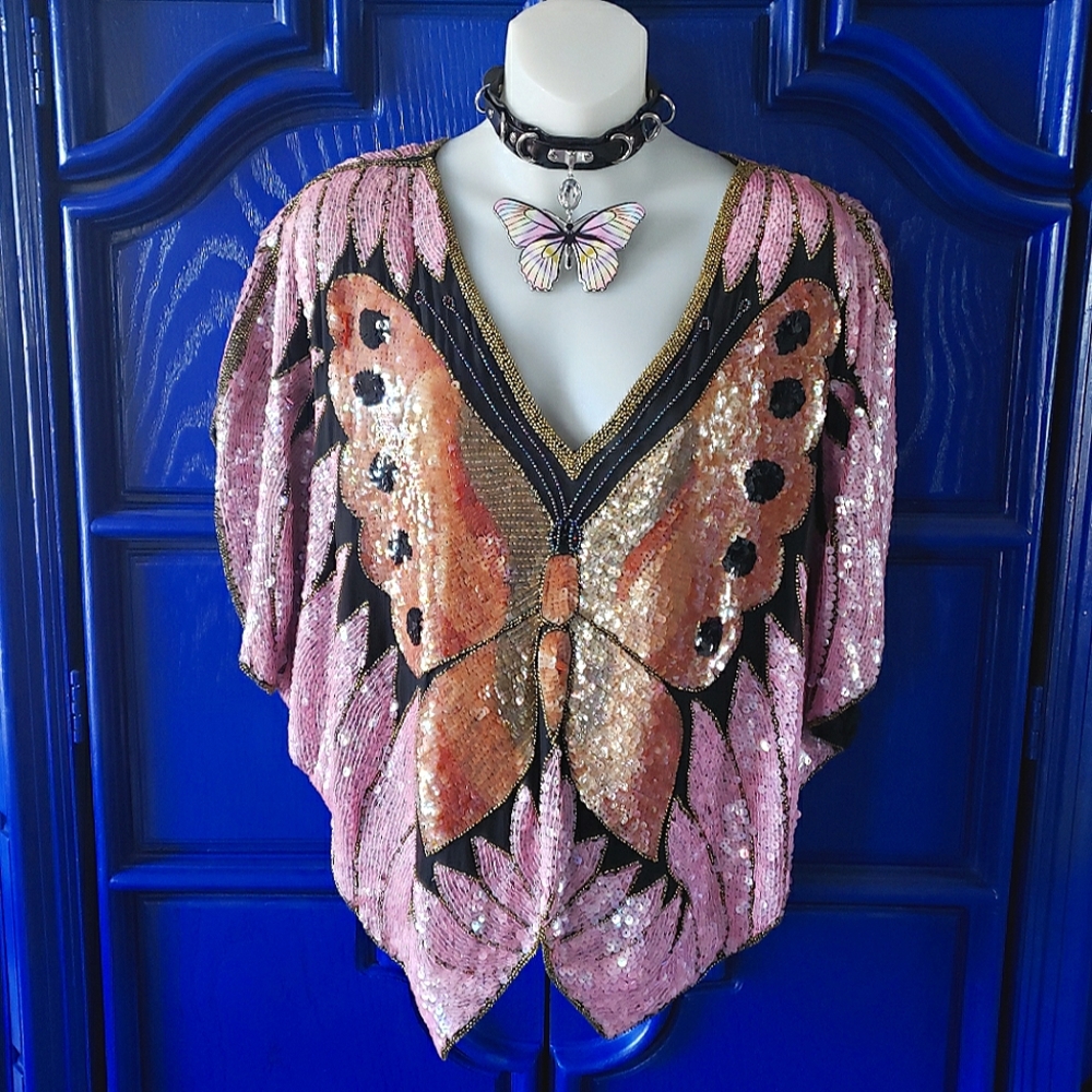 70s Vintage Pink Sequin Butterfly Top